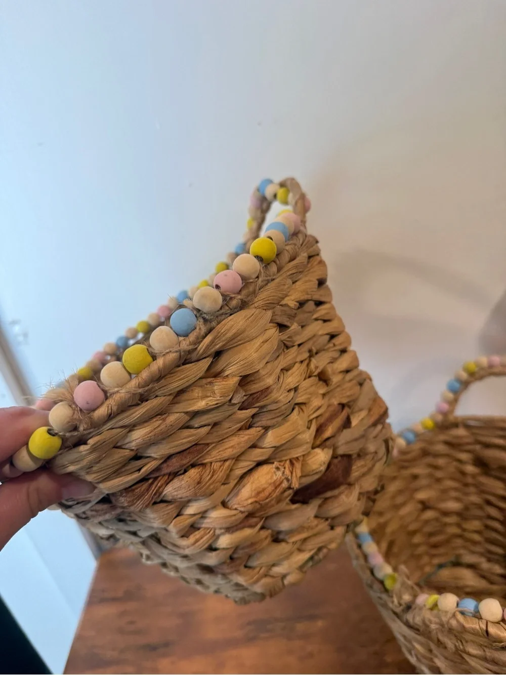 Woven Seagrass Basket Pair with Pastel Bead Trim